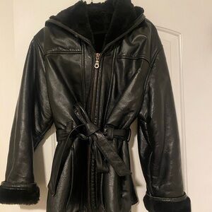 90s style Wilson’s leather jacket with hood and cinched tie waist.